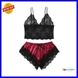Plus Size Lace Trim Bralette and Shorts Sleepwear Set Satin
